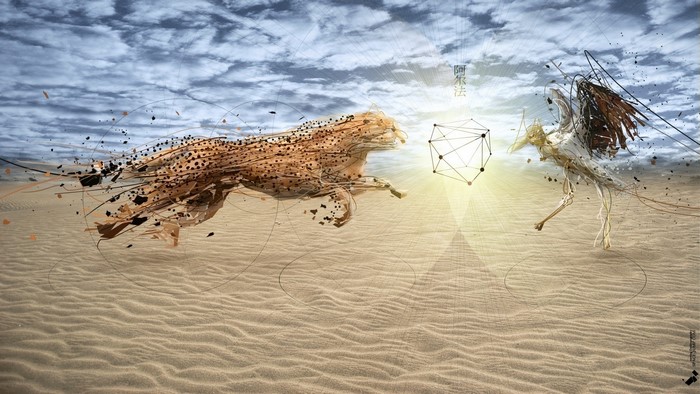 Cheetah and bird-like creature in a desert with geometric shapes