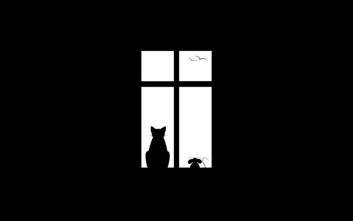 Minimalist black and white illustration of a cat and mouse by a window