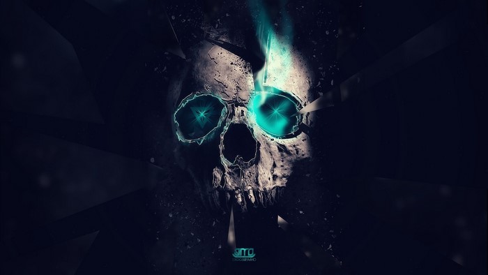Skull with glowing neon eyes and shards