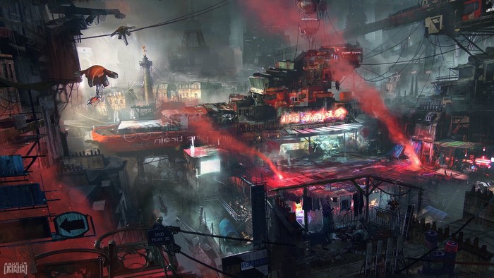 Dystopian futuristic urban cityscape with red smoke