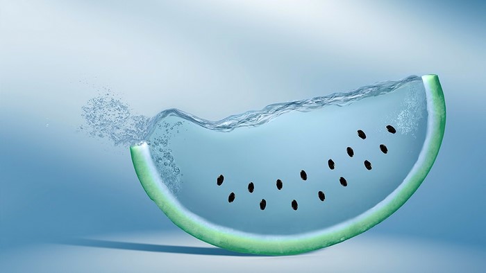 Slice of watermelon with water and seeds