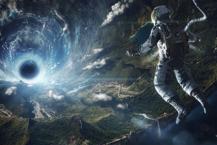 Astronaut floating near a black hole over a planet