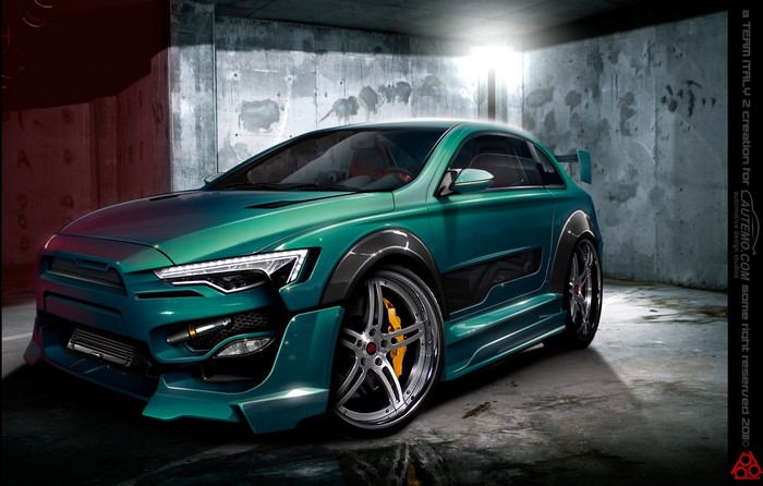 Customized teal Mitsubishi Lancer Evo X in a garage