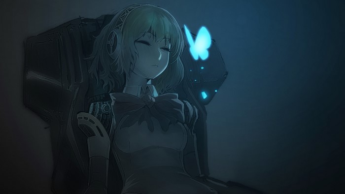 Aigis from Persona 3 sitting in a chair