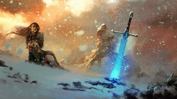 Woman and glowing sword in snowy mountains