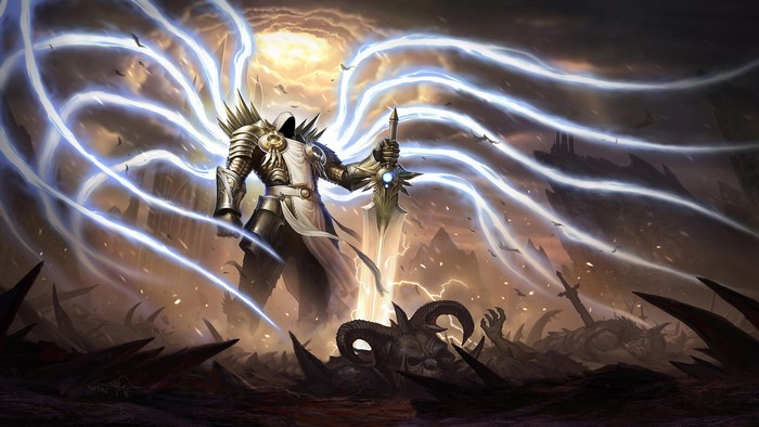 Tyrael from Diablo III with glowing wings and sword