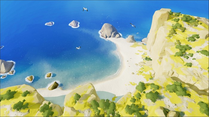 Artwork of a coastal landscape with birds