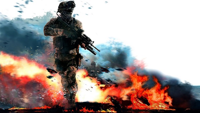 Soldier in Call of Duty: Modern Warfare 2 amidst fire