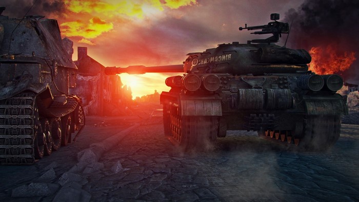 World of Tanks Ferdinand tank in a war-torn city