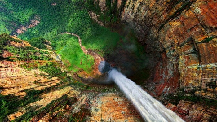Waterfall plunging into a lush canyon in Venezuela