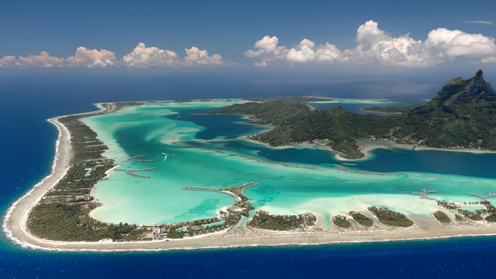 Aerial view of Bora Bora island and turquoise lagoon