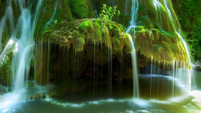 Moss-Covered Waterfall in Romanian Forest