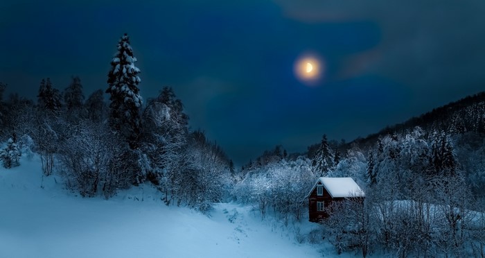 Moonlit Winter Cottage in Snowy Forest