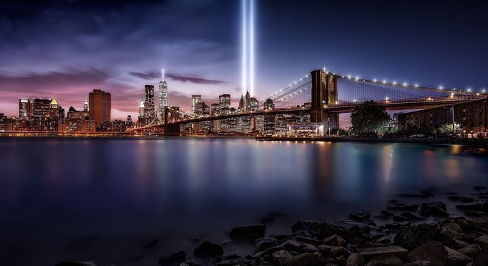 New York City Skyline with Brooklyn Bridge and Tribute in Light