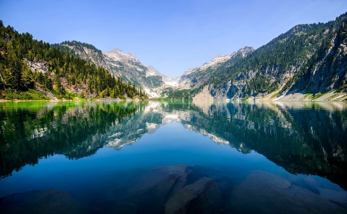 Lake reflection of mountains and forest under blue sky