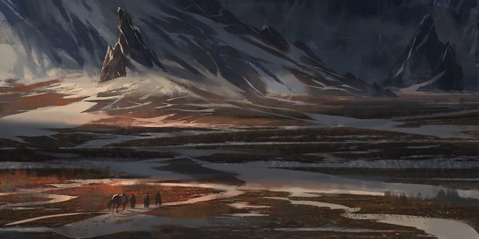 People and horse in a snowy mountain valley