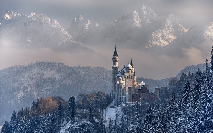 Neuschwanstein Castle in Winter Mountains, Germany