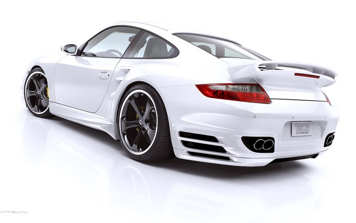White Porsche 911 Turbo S with custom body kit