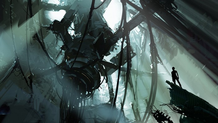 Chell from Portal 2 in a derelict facility