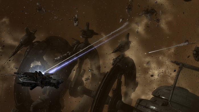 Spaceships in a space battle in EVE Online