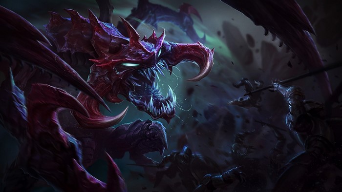 Cho'Gath from League of Legends fighting soldiers