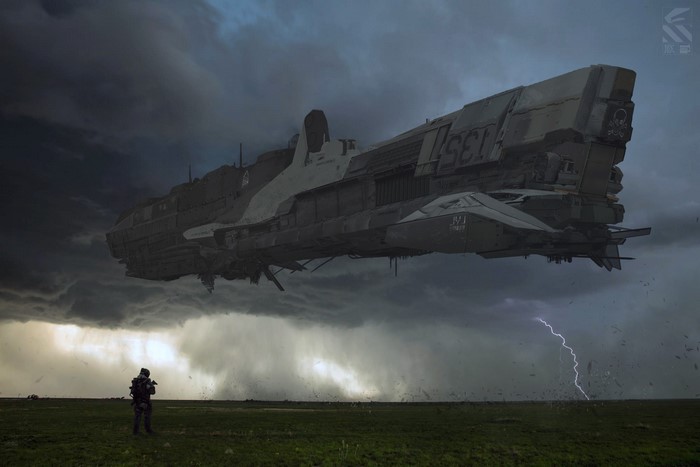 Futuristic spaceship hovering over a stormy landscape with a soldier