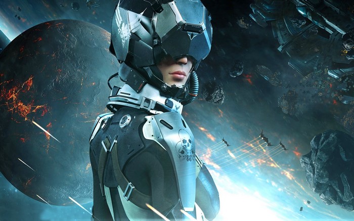 Pilot in space with planets and ships