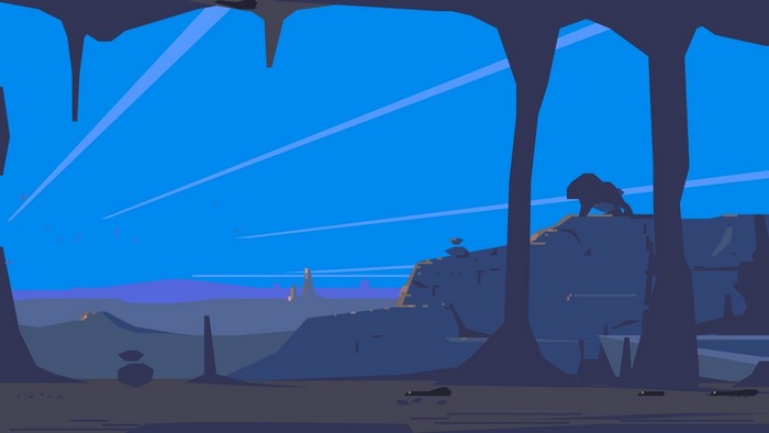 Alien landscape with cave entrance and creature