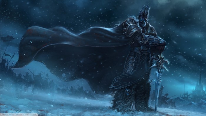 Arthas Menethil from World of Warcraft in a snowy landscape