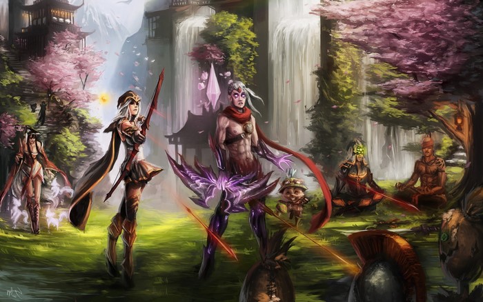 League of Legends characters in a fantasy landscape