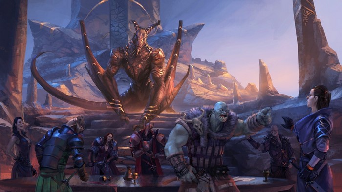 Fantasy characters gathered before a winged demon statue