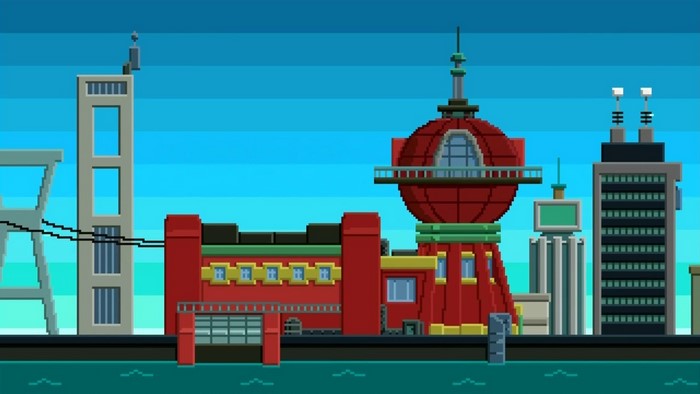 Pixel art cityscape with Planet Express building
