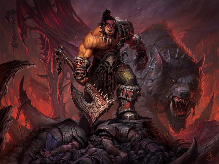 Grommash Hellscream and wolf from World of Warcraft