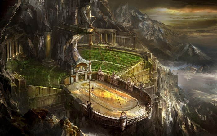 Fantasy arena in mountains with statues and ropes