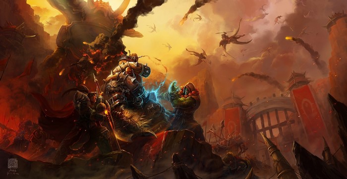 Thrall and Garrosh Hellscream fighting in World of Warcraft