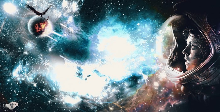 Ellen Ripley in Space with Exploding Planet and Birds