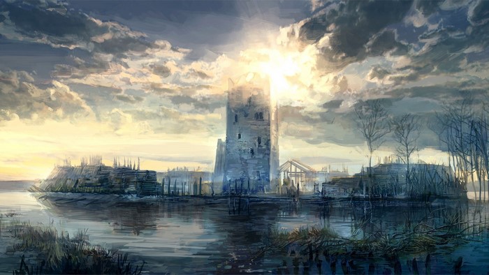 The Witcher concept art of a ruined tower by a lake