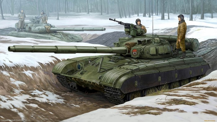 Soviet T-64 tanks in a winter forest setting