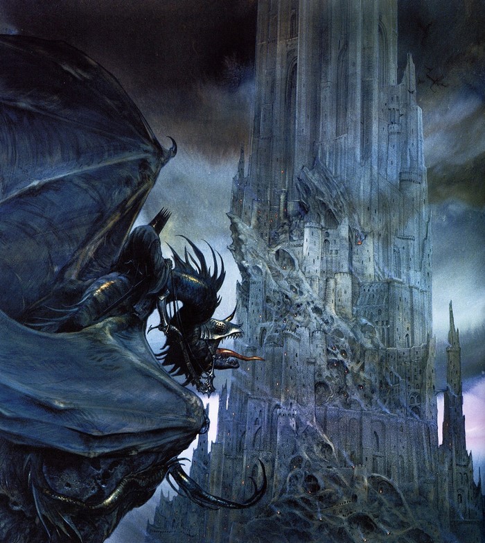 Nazgûl on a dragon flying towards the Black Tower from The Lord of the Rings