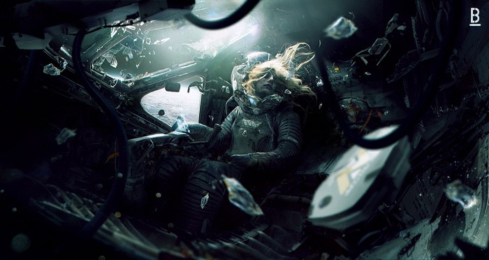 Astronaut in a damaged spaceship