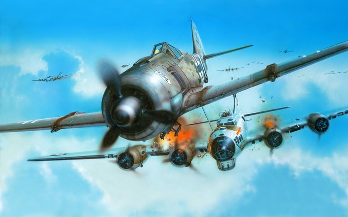 Fw 190 attacking a damaged Boeing B-17 Flying Fortress