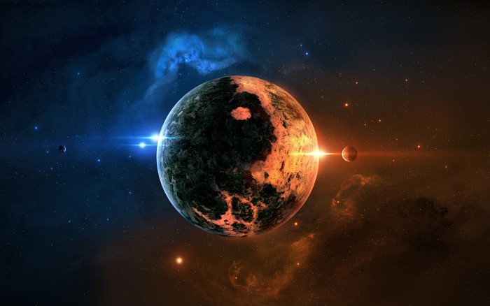 Fiery and Icy Planet in Space with Moons