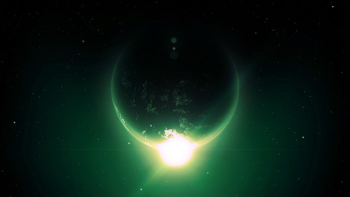 Digital art of a green planet in space with a bright sunrise