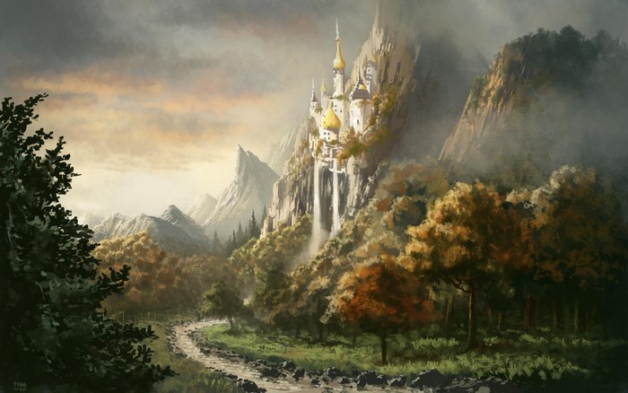 Fantasy castle on a cliff with waterfalls and forest