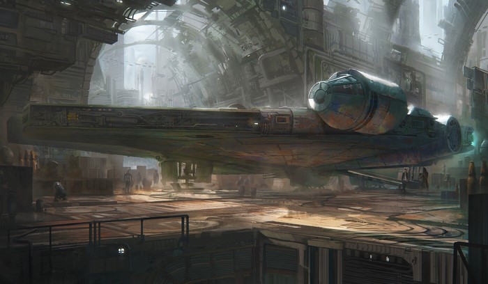 Millennium Falcon in a Star Wars hangar bay