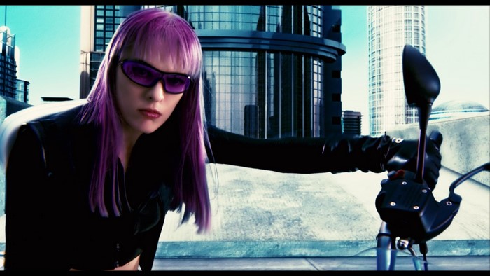 Violet from Ultraviolet on a motorcycle
