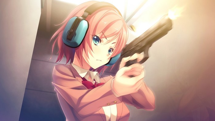 Anime girl with pink hair firing a gun