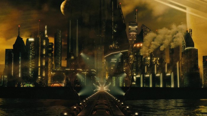 Blade Runner futuristic cityscape with moon