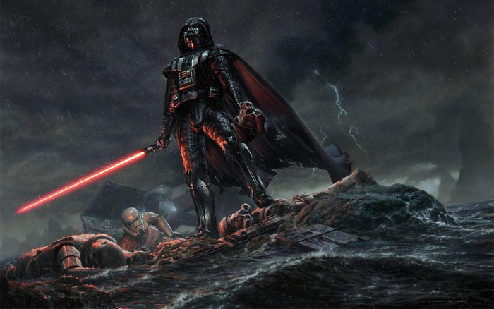 Darth Vader from Star Wars on a stormy sea with stormtroopers