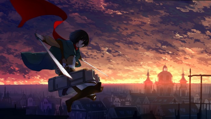 Mikasa Ackerman from Attack on Titan flying over city at sunset